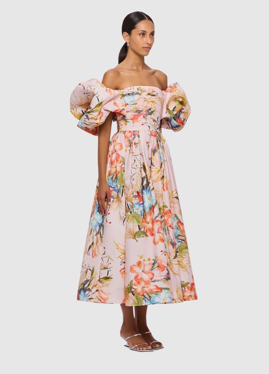 Women Leo Lin Wedding Guest | Leo & Lin Matilda Puff Sleeve Midi Dress-Opulent Print In Blush