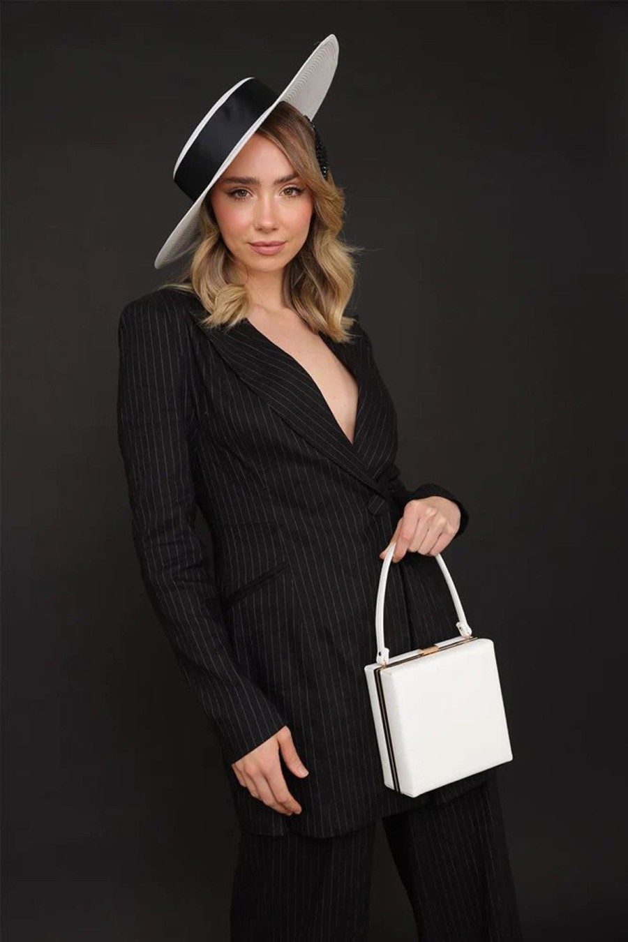 Women Dress Hire AU Headwear | Morgan & Taylor Leya Boater-White/Black