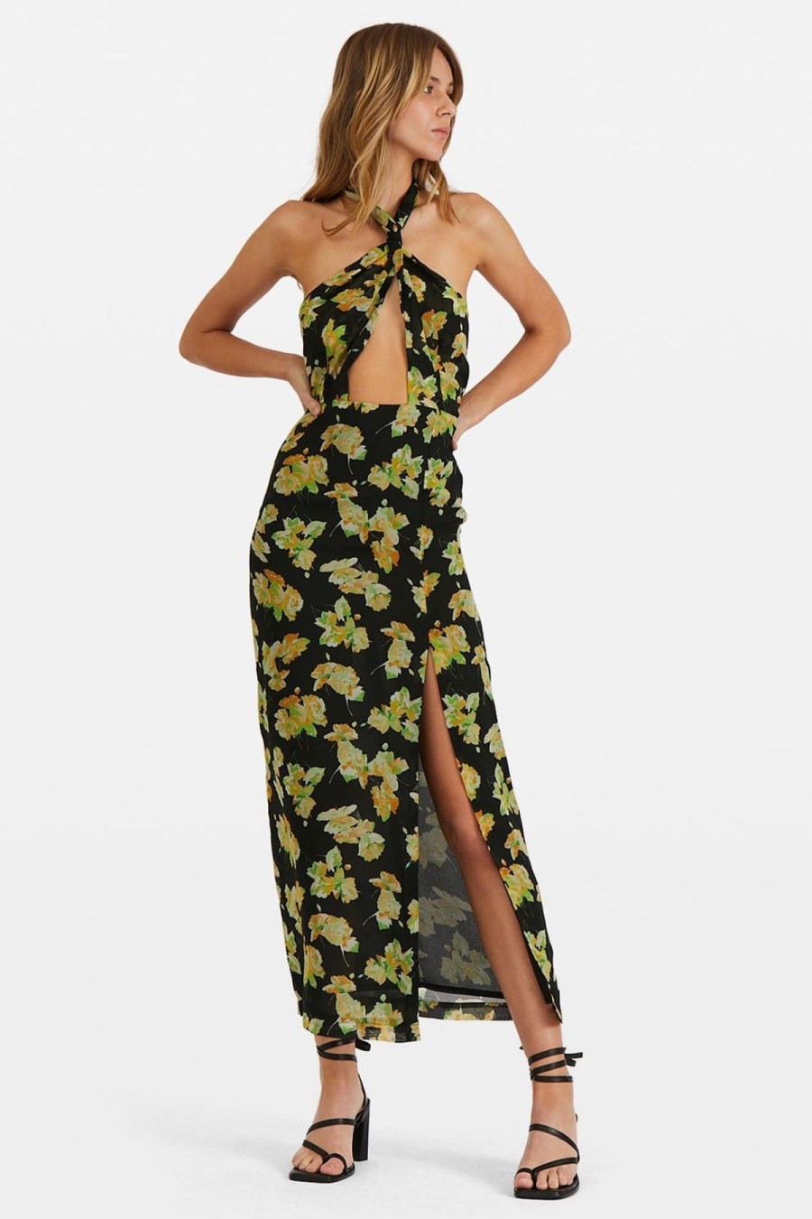 Women Dress Hire AU Party | De La Vali Rita Halter Neck Maxi Dress-Midnight Floral