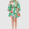 Women Leo Lin Wedding Guest | Leo & Lin Florescence Silk Linen Mini Dress-Blossom Lily Pad Green