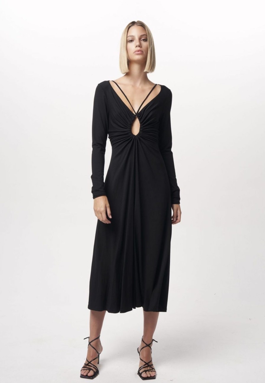 Women Dress Hire AU Wedding Guest | Nicola Finetti Doriana Ruched Keyhole Dress-Black