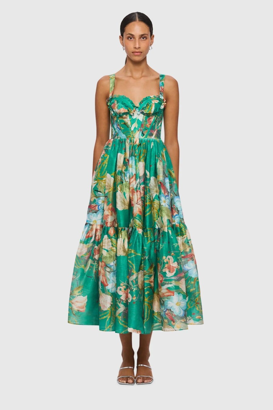 Women Leo Lin Wedding Guest | Leo & Lin Rose Bustier Midi Dress-Opulent Print In Verdant