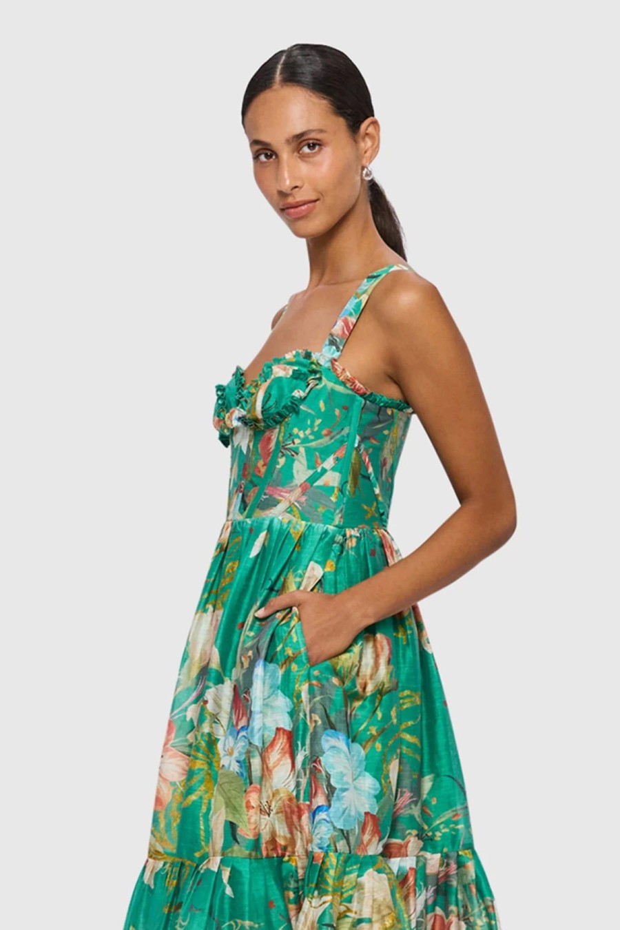 Women Leo Lin Wedding Guest | Leo & Lin Rose Bustier Midi Dress-Opulent Print In Verdant