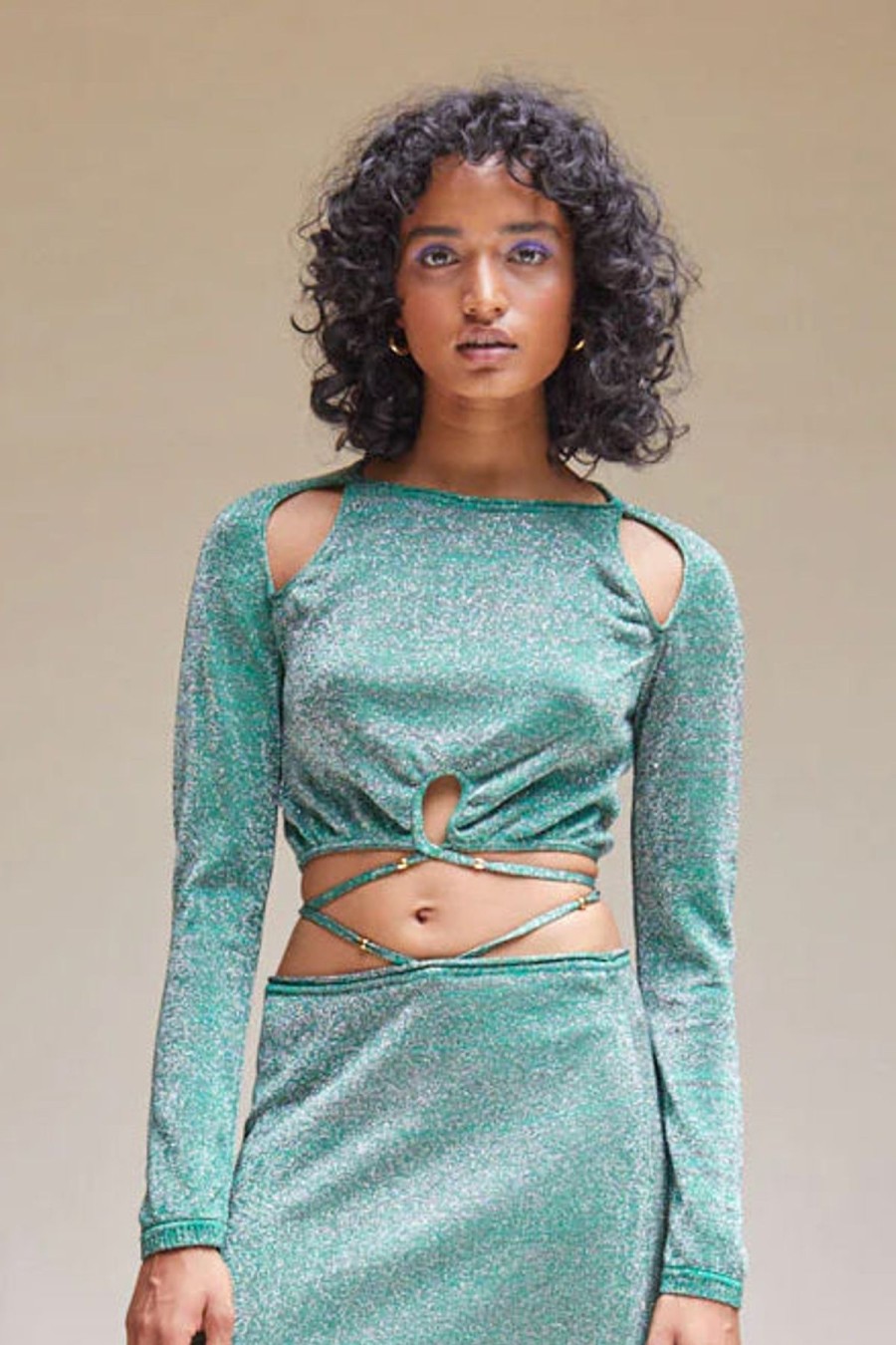 Women Suboo Sets | Suboo Aylish Long Sleeve Crop Top-Green Metallic