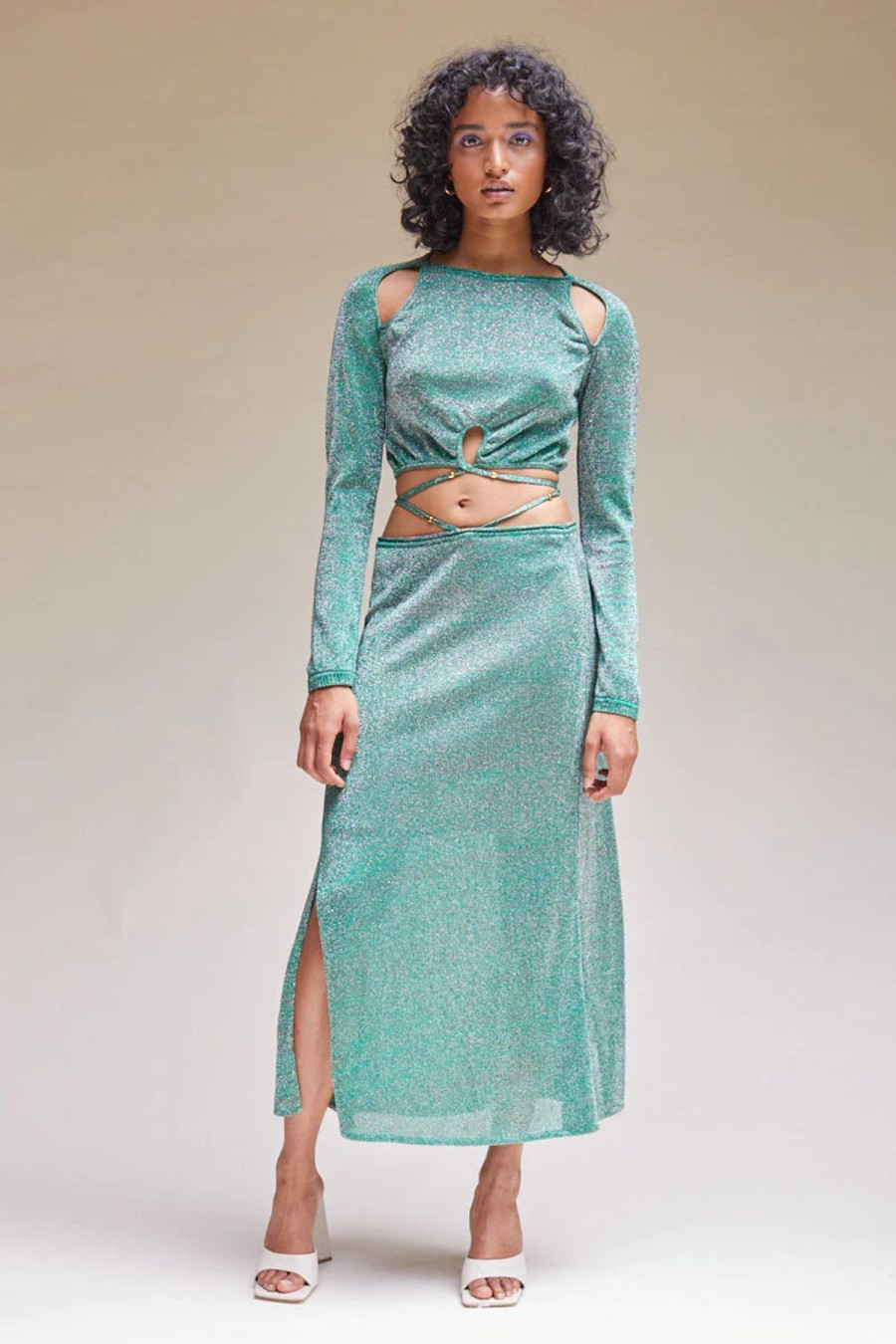 Women Suboo Sets | Suboo Aylish Long Sleeve Crop Top-Green Metallic