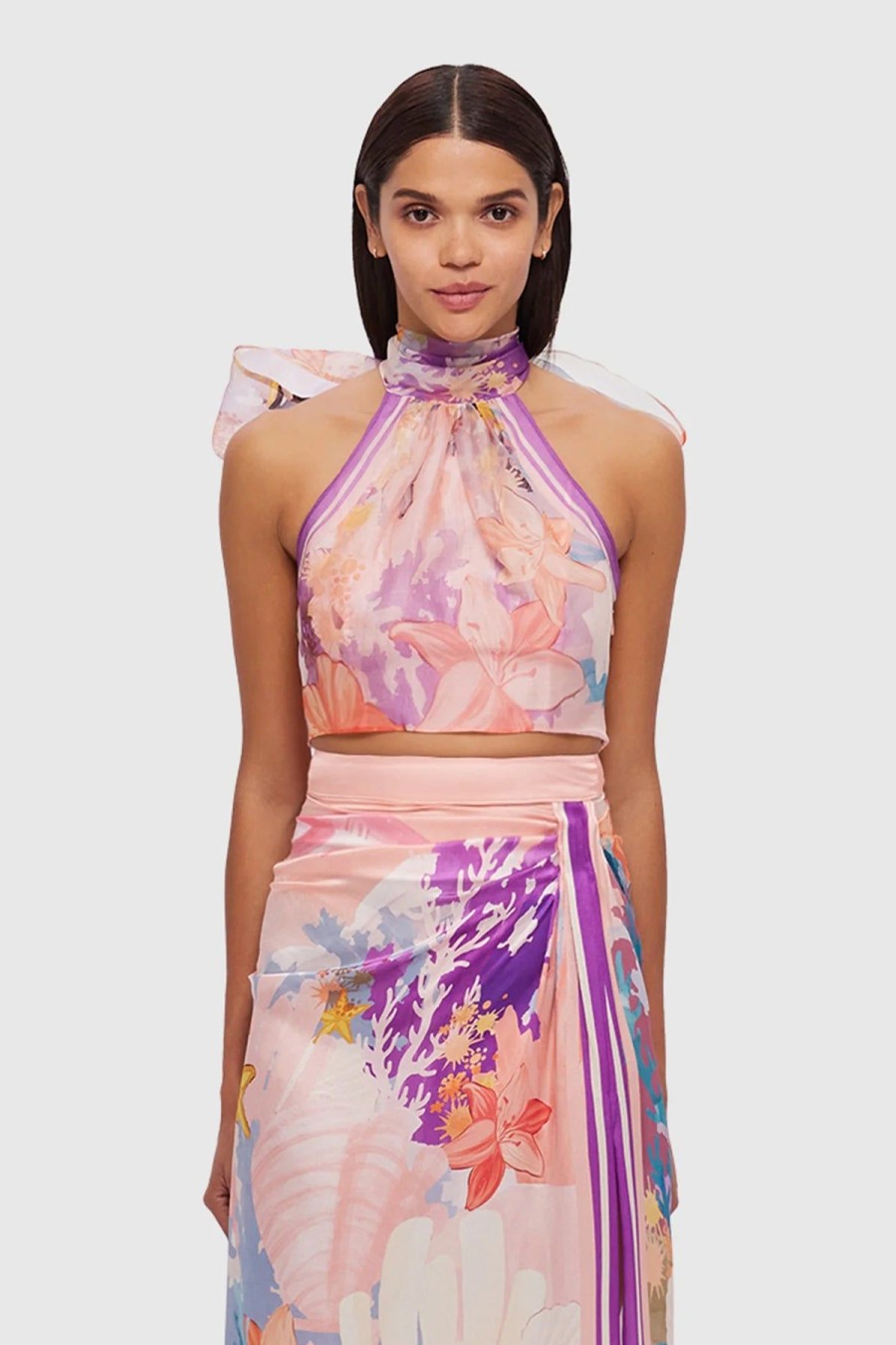 Women Leo Lin Tops | Leo Lin Evie Halter Bow Tie Top-Neptune Print In Coral