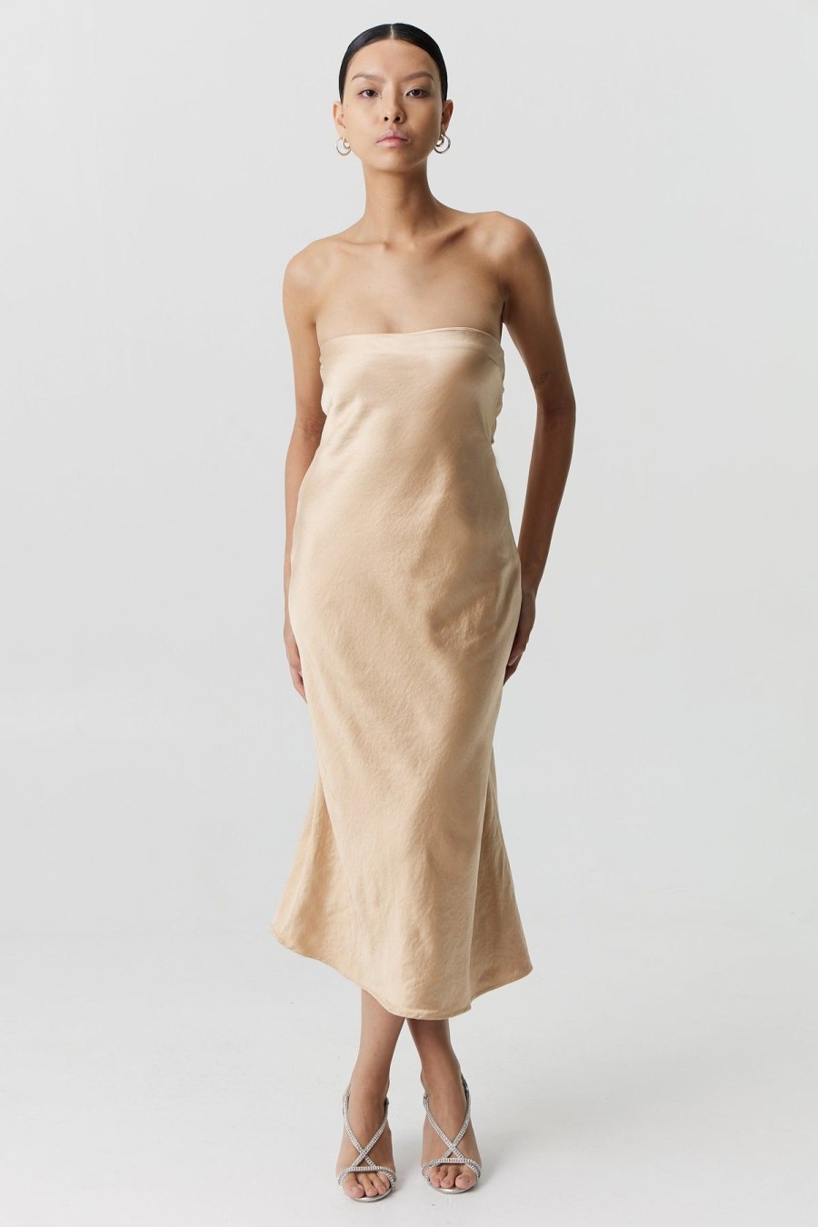 Women Third Form Party | Third Form Satin Tie Back Strapless Midi Dress-Sand