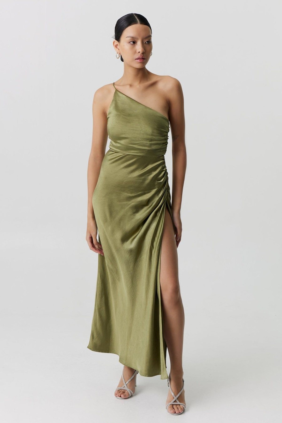 Women Third Form Wedding Guest | Third Form Satin Gather One Shoulder Dress-Olive