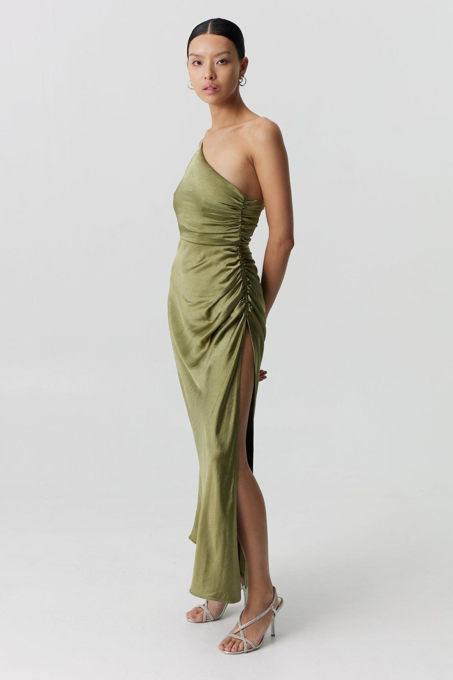 Women Third Form Wedding Guest | Third Form Satin Gather One Shoulder Dress-Olive