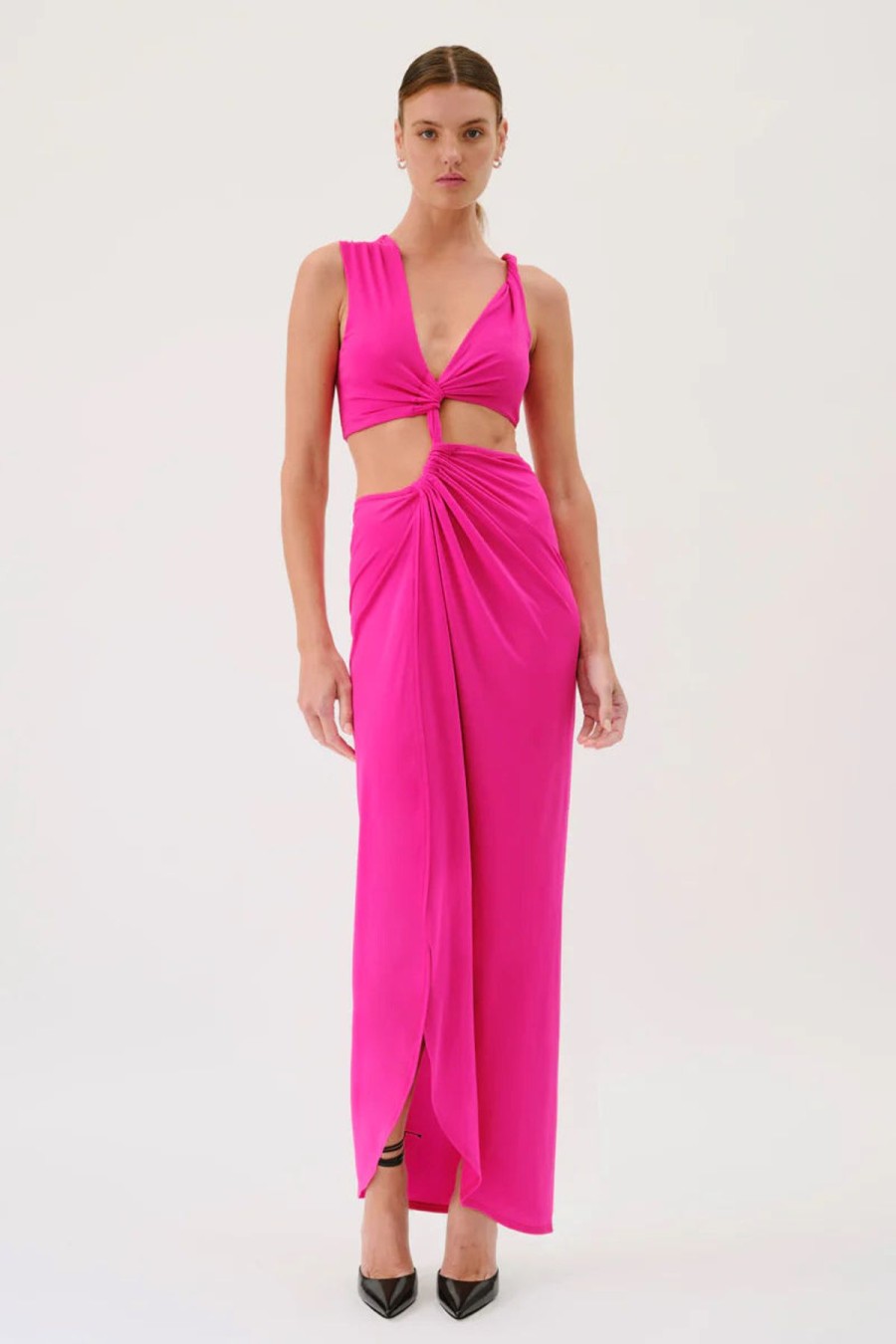 Women Suboo Engagement | Suboo Garnet Sleeveless Rouched Cross Over Midi Dress-Hyper Pink