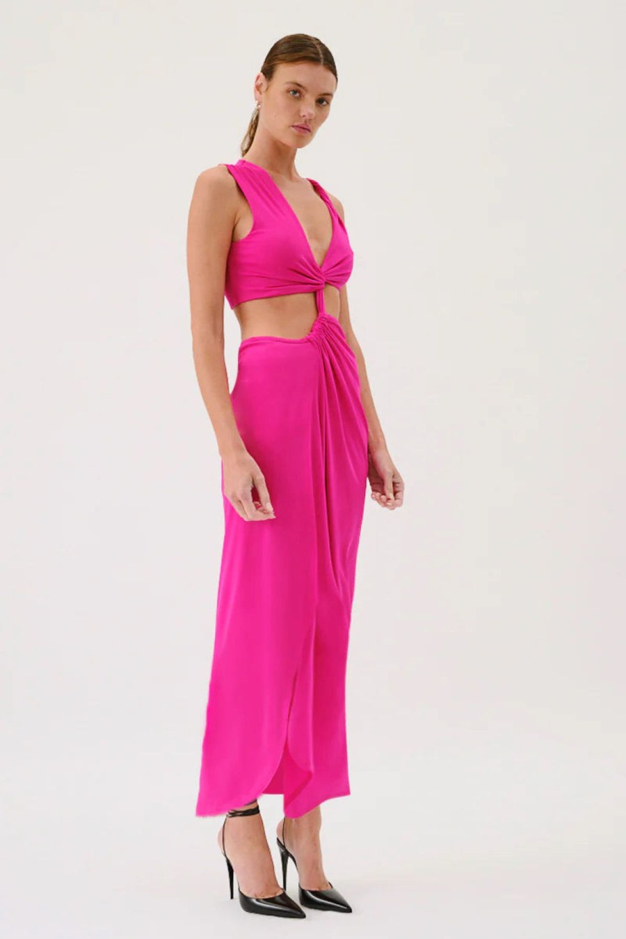 Women Suboo Engagement | Suboo Garnet Sleeveless Rouched Cross Over Midi Dress-Hyper Pink