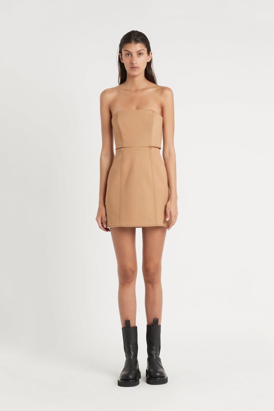 Women Dress Hire AU Wedding Guest | Sir The Label Andre Strapless Mini Dress-Camel