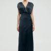 Women Third Form Wedding Guest | Third Form Satin Cross Over Gather Dress-Black