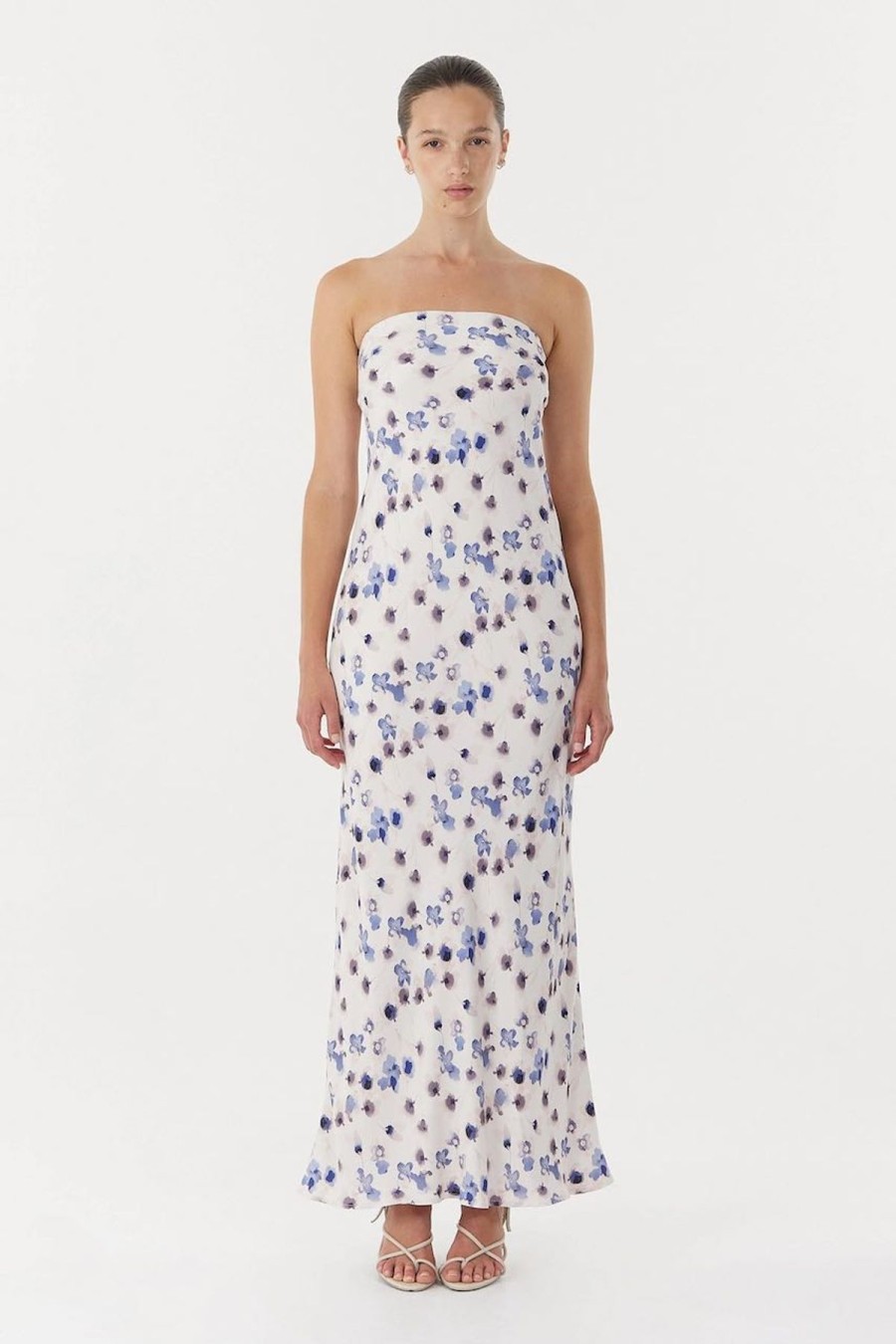 Women Third Form Wedding Guest | Third Form Blue Bias Strapless Dress-Floral