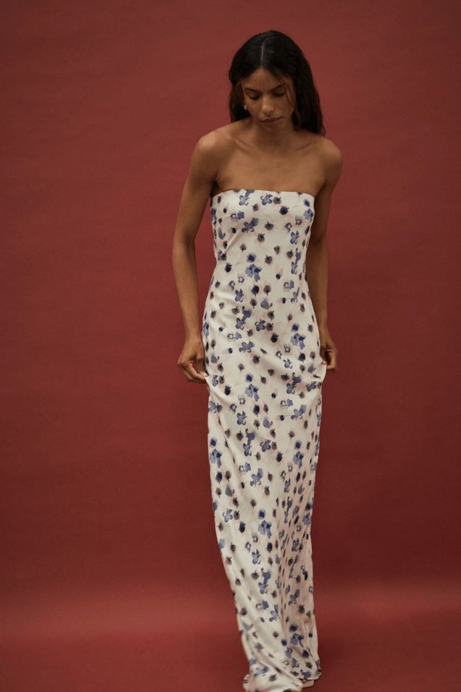 Women Third Form Wedding Guest | Third Form Blue Bias Strapless Dress-Floral