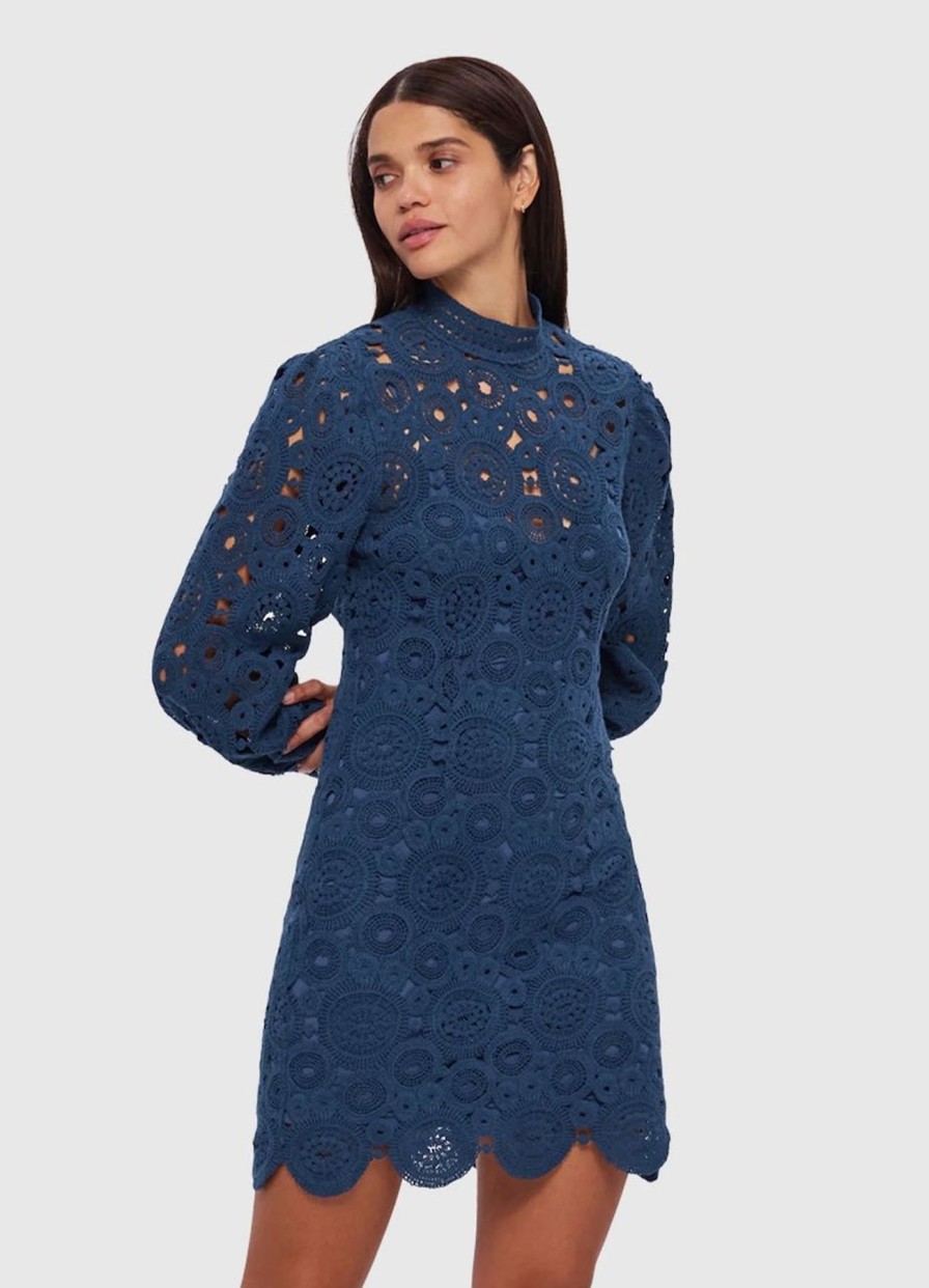 Women Leo Lin Party | Leo Lin Daisy Crochet Long Sleeve Mini Dress-Navy