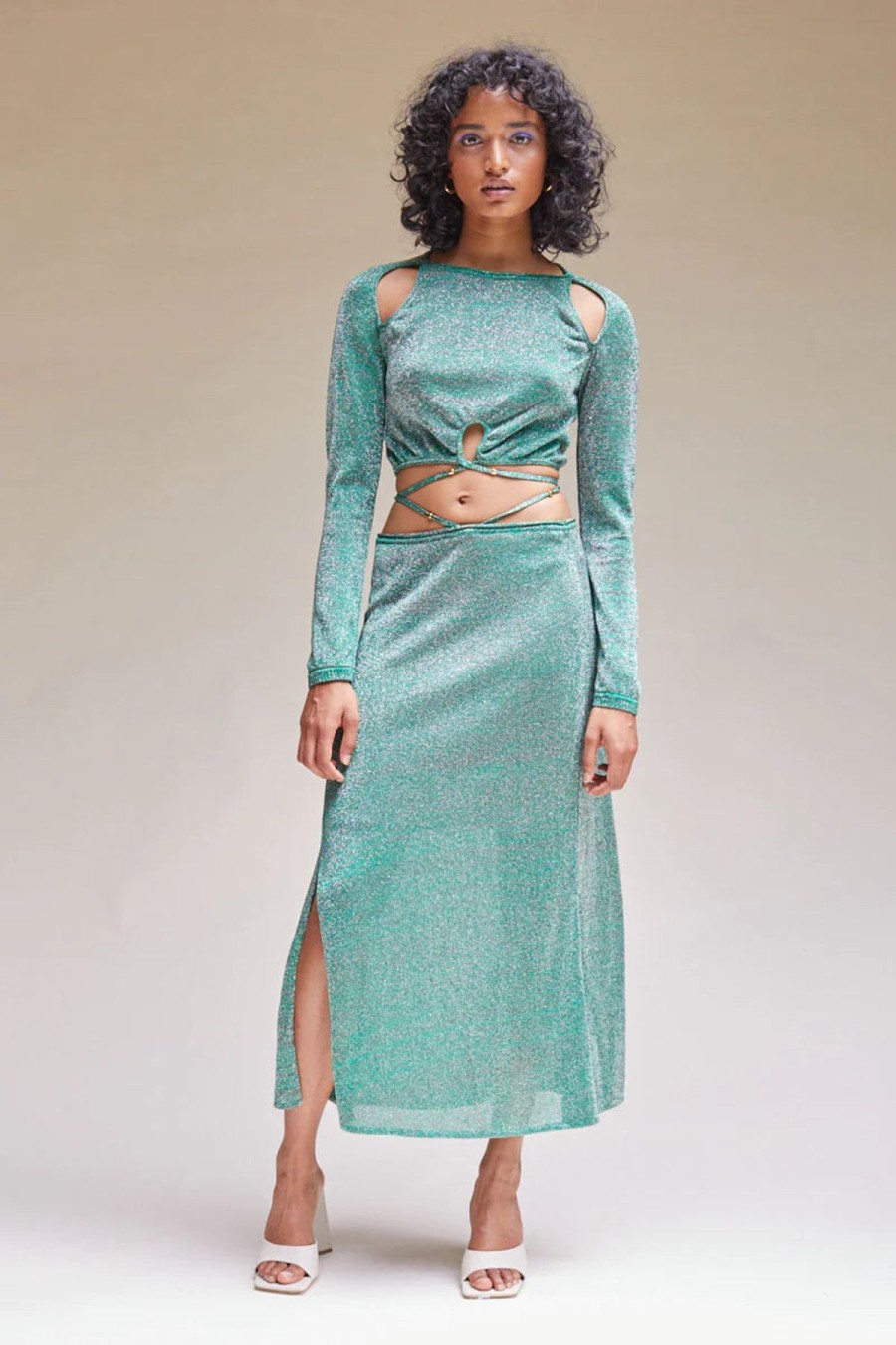 Women Suboo Sets | Suboo Aylish Fit & Flare Skirt-Green Metallic