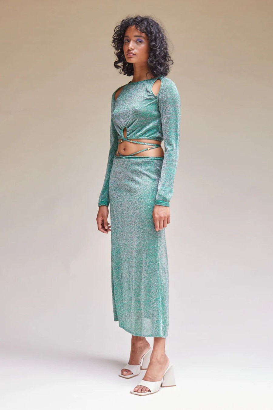 Women Suboo Sets | Suboo Aylish Fit & Flare Skirt-Green Metallic