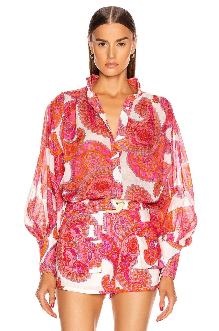 Women Zimmermann Sets | Zimmermann Peggy Billow Blouse-Ivory Magenta Paisley