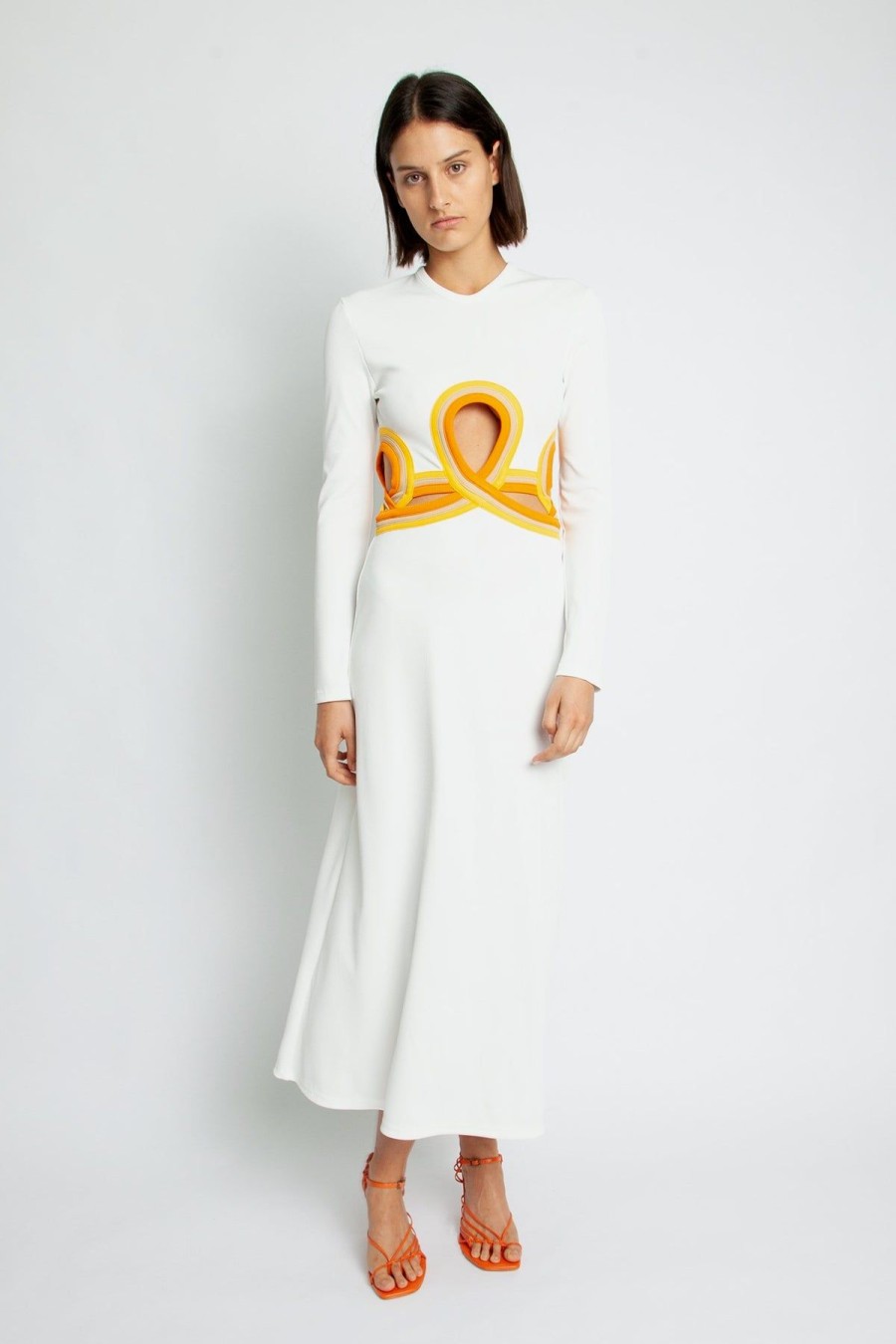 Women Dress Hire AU Party | Christoper Esber Looped Multi Bind Verner Long Sleeve Rib Dress-White/Multi