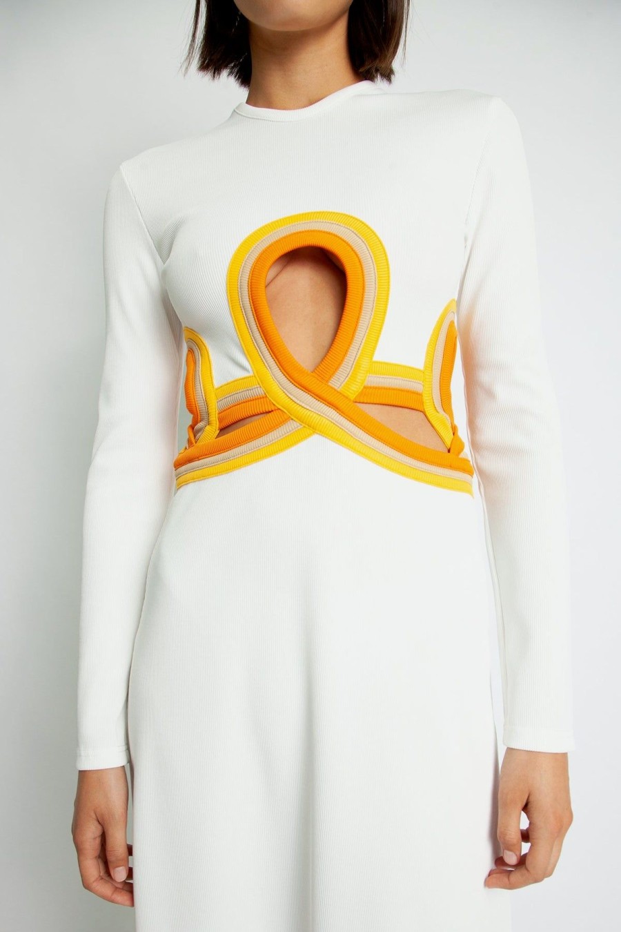 Women Dress Hire AU Party | Christoper Esber Looped Multi Bind Verner Long Sleeve Rib Dress-White/Multi