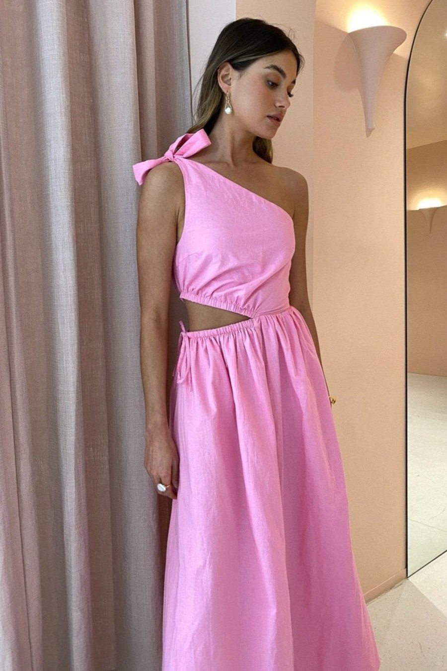 Women Dress Hire AU Pregnancy Friendly | By Nicola Gabriella One Shoulder Midi Dress-Pink Grapefruit