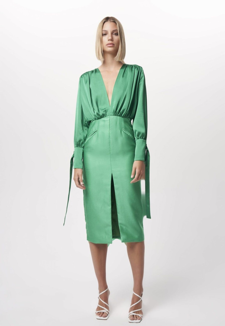 Women Dress Hire AU Wedding Guest | Nicola Finetti Arida Low Plunge Dress-Emerald