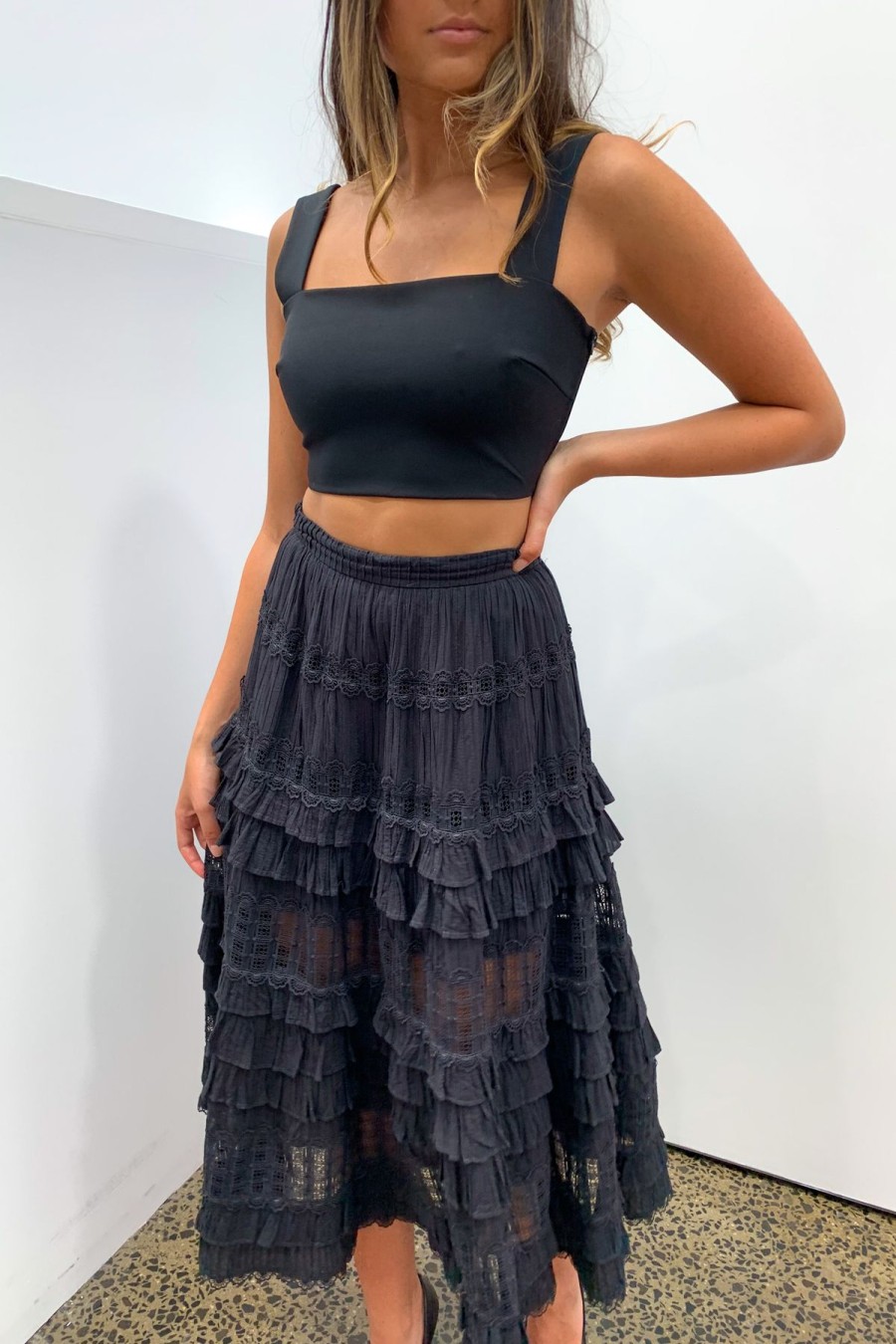 Women Zimmermann Skirts | Zimmermann Corsair Layered Frill Skirt-Black