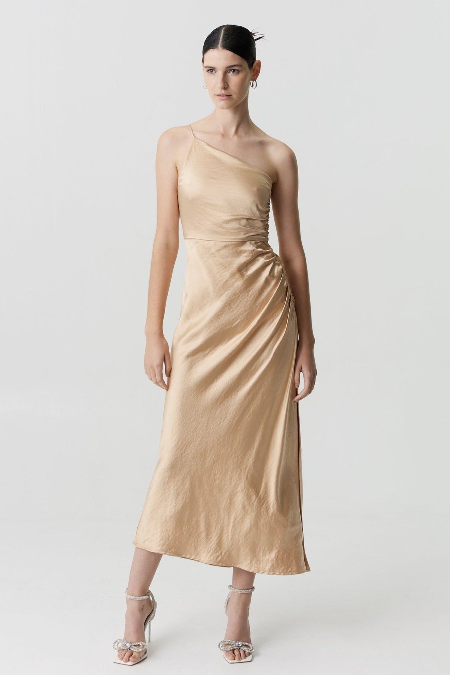 Women Third Form Wedding Guest | Third Form Satin Gather One Shoulder Dress-Sand