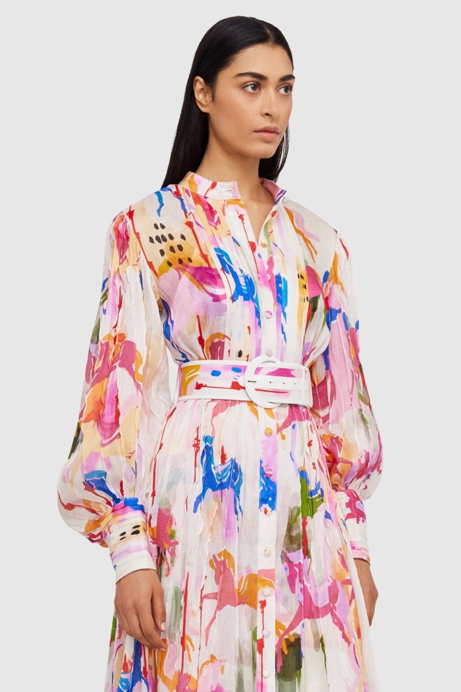 Women Leo Lin Race Day | Leo & Lin The Carousel Silk Linen Midi Dress-Rainbow