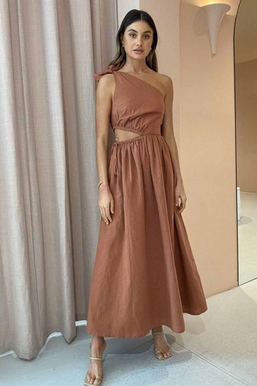 Women Dress Hire AU Pregnancy Friendly | By Nicola Gabriella One Shoulder Midi Dress-Desert