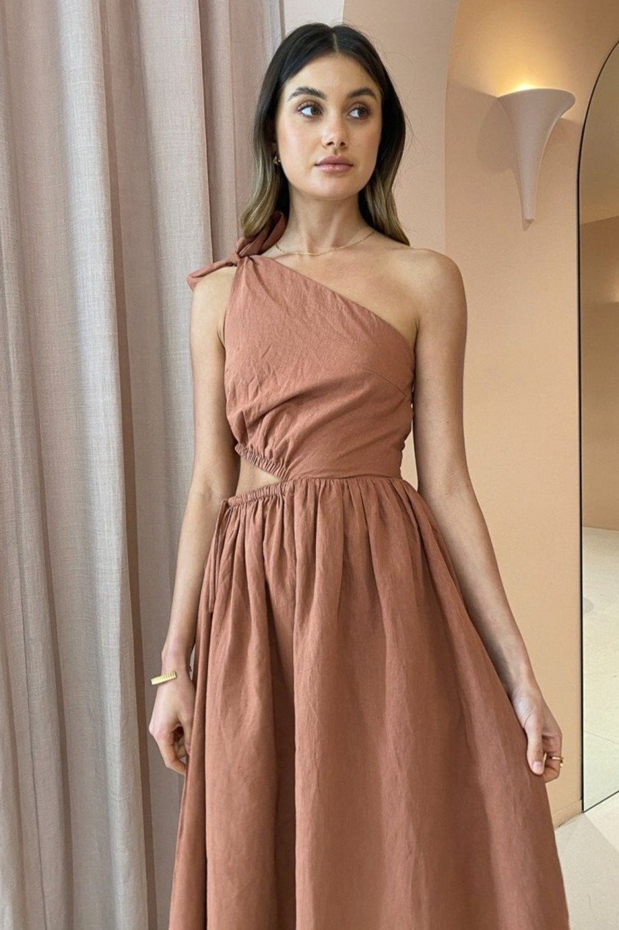 Women Dress Hire AU Pregnancy Friendly | By Nicola Gabriella One Shoulder Midi Dress-Desert